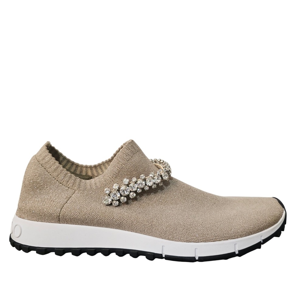 Jimmy Choo Verona Crystal Embellished Knit Sneakers Champagne Gold 38